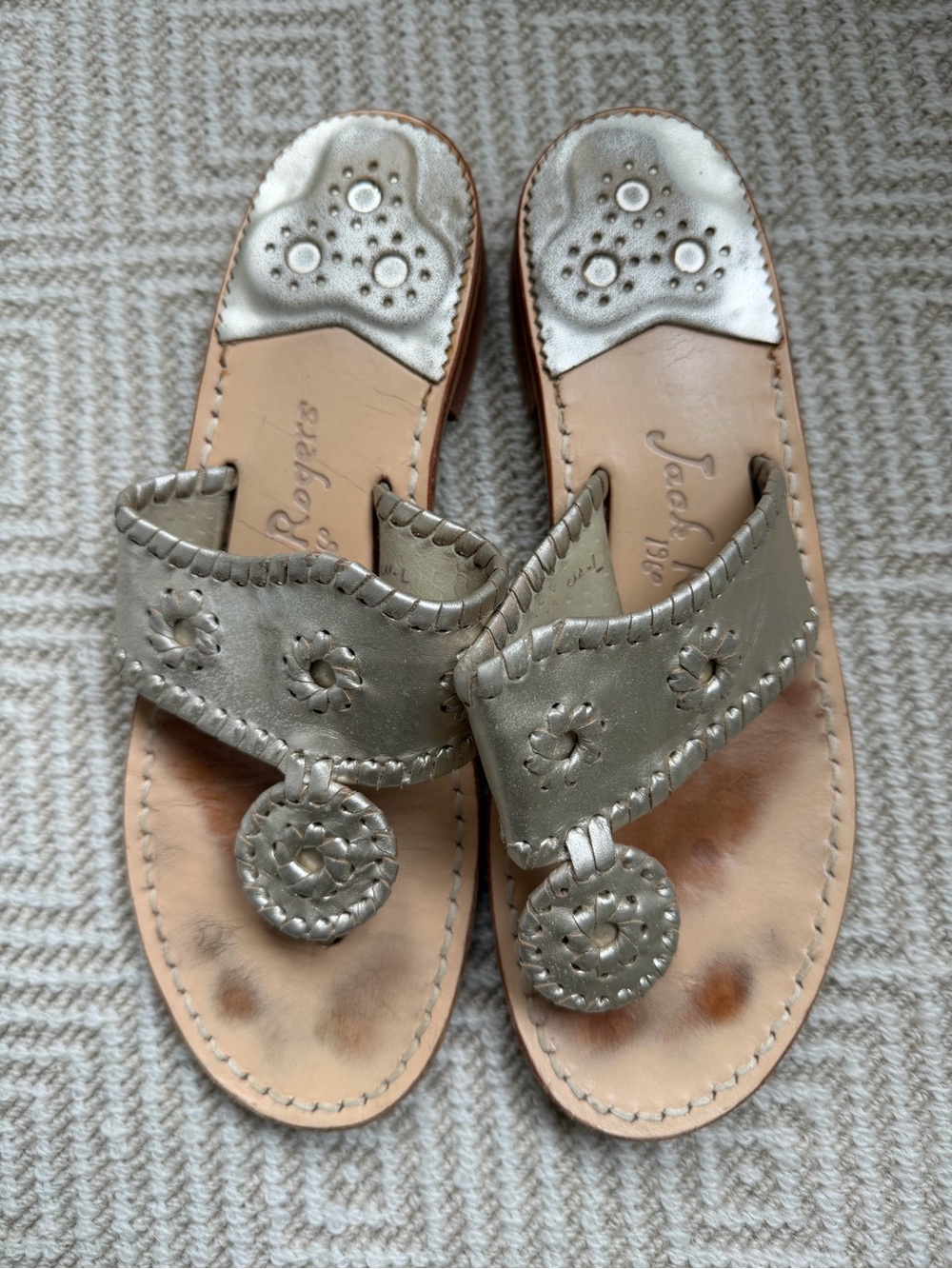 Jack Rogers Silver Leather Thong Sandal with Signature Medallion